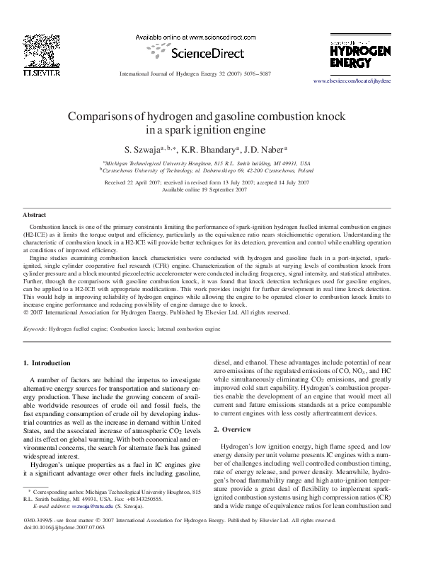 (PDF) Comparisons of hydrogen and gasoline combustion knock in a spark