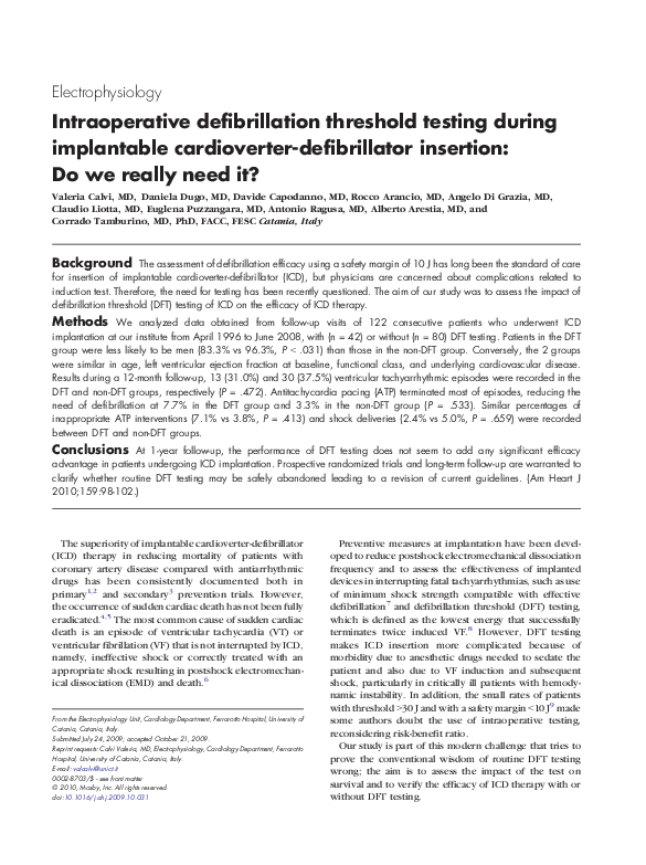 (PDF) Intraoperative defibrillation threshold testing during implantable cardioverter