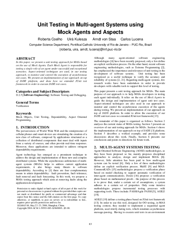 (PDF) Unit testing in multi-agent systems using mock agents and aspects