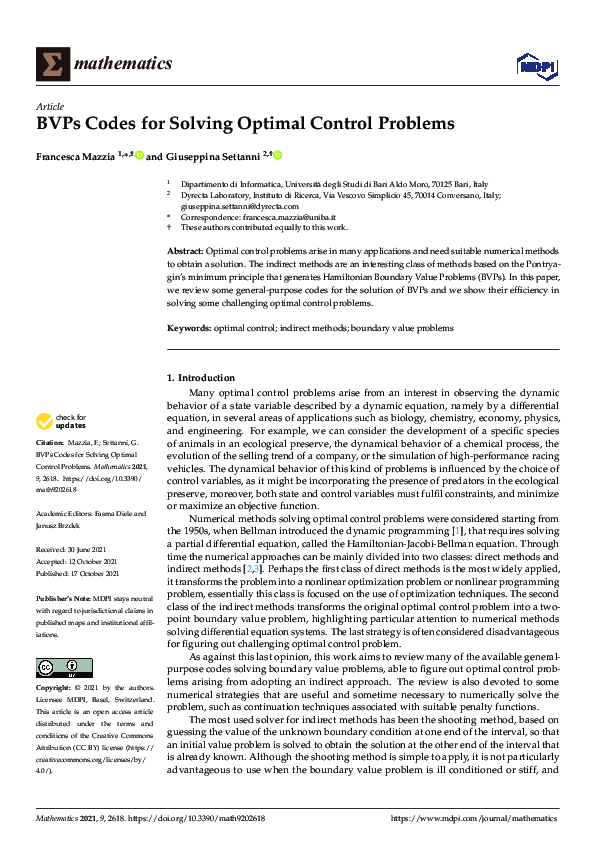 (PDF) BVPs Codes for Solving Optimal Control Problems