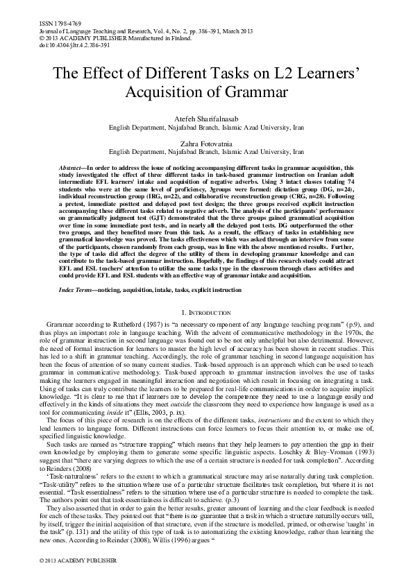(PDF) The Effect of Different Tasks on L2 Learners’ Acquisition of Grammar
