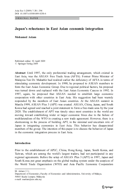 (PDF) Japan’s reluctance in East Asian economic integration