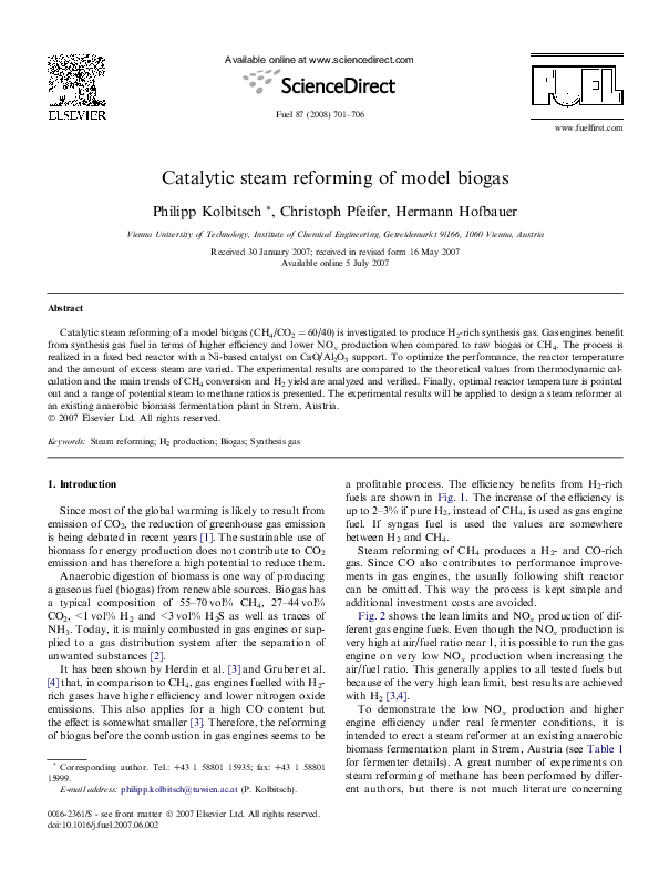 (PDF) Catalytic steam reforming of model biogas