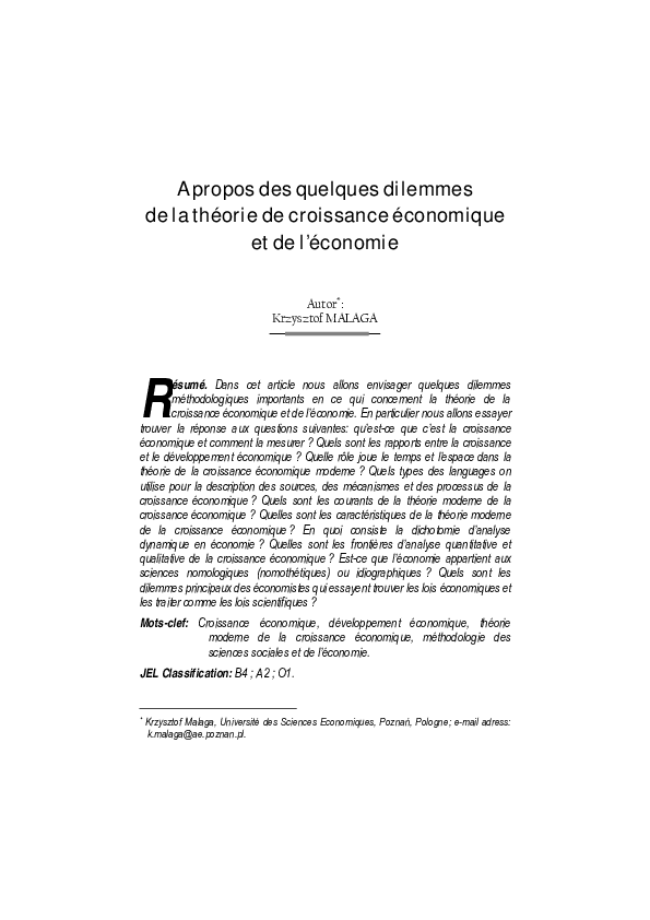  PDF A Propos Des Quelques Dilemmes De La Th Orie De Croissance 