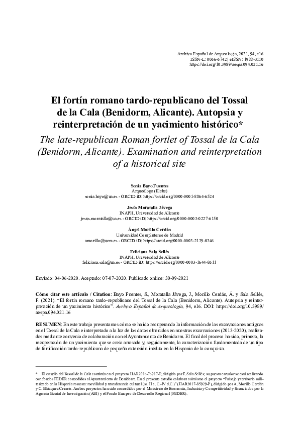 PDF) El fortín romano tardo-republicano del Tossal de la Cala (Benidorm, Alicante). Autopsia y reinterpretación de un yacimiento histórico | Ángel Morillo, Sonia Bayo, and Feliciana Sala-Sellés - Academia.edu