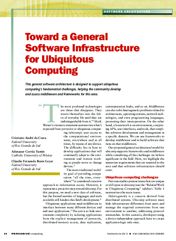 (PDF) Toward a General Software Infrastructure for Ubiquitous Computing