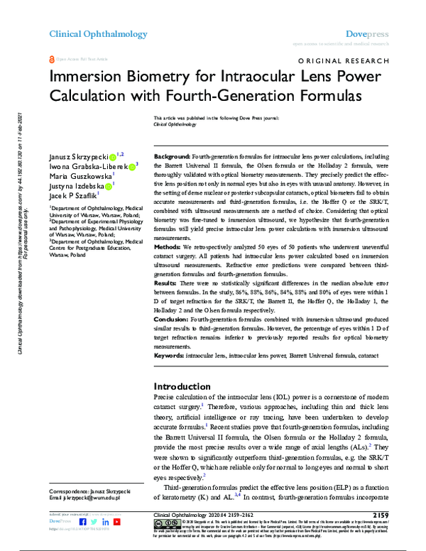 (PDF) Immersion Biometry for Intraocular Lens Power Calculation with ...