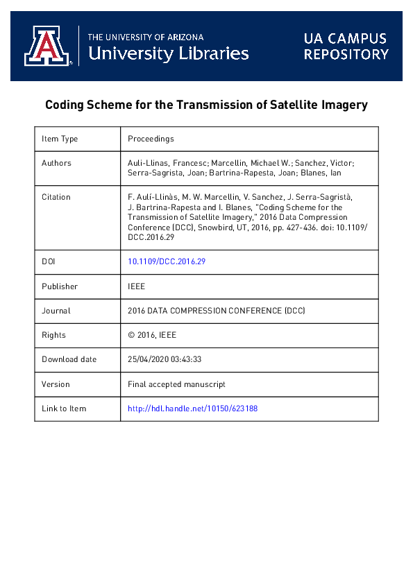(PDF) Coding Scheme for the Transmission of Satellite Imagery
