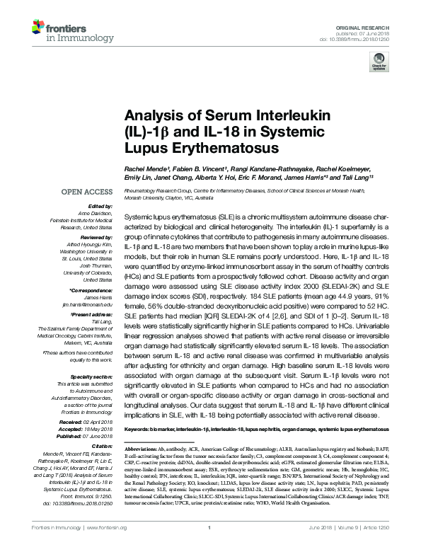 (PDF) Analysis of Serum Interleukin (IL)-1β and IL-18 in Systemic Lupus ...