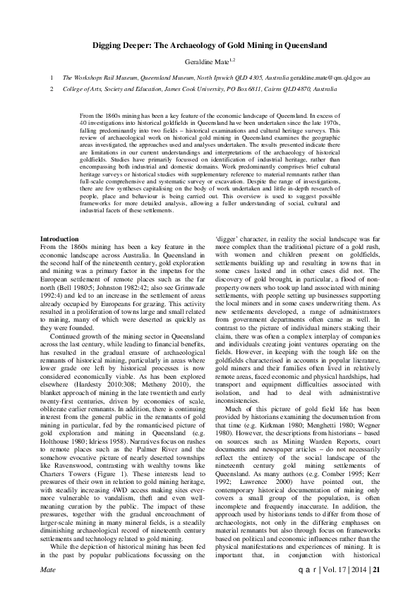(PDF) Digging deeper: The archaeology of gold mining in Queensland