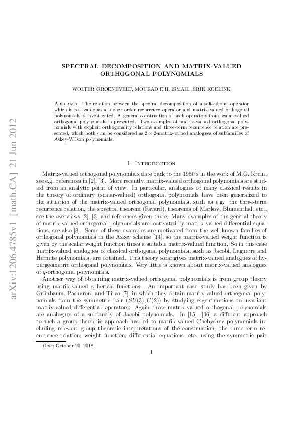 (PDF) Spectral and matrixvalued orthogonal polynomials