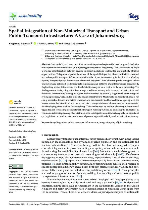 Spatial Integration of Non-Motorized Transport and Urban Public Transport Infrastructure: A Case of Johannesburg