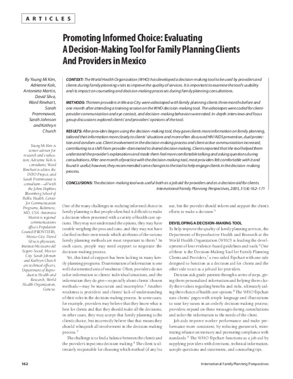 (PDF) Promoting Informed Choice: Evaluating a Decision-Making Tool for ...