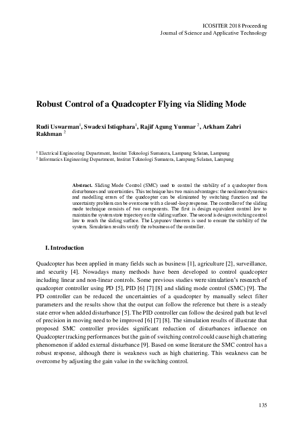 (PDF) Robust Control of a Quadcopter Flying Via Sliding Mode