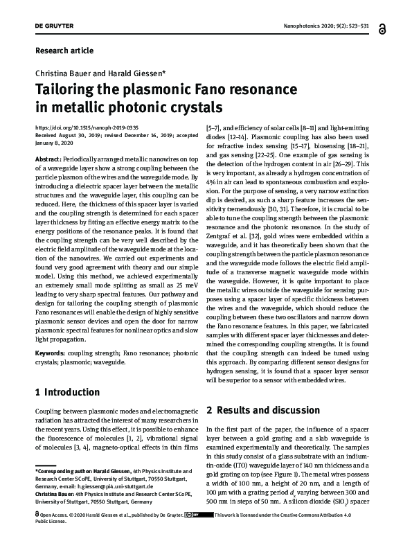 (PDF) Tailoring the plasmonic Fano resonance in metallic photonic crystals