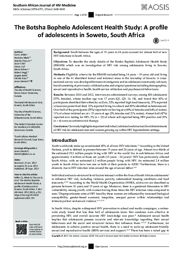 (PDF) The Botsha Bophelo Adolescent Health Study: A profile of ...