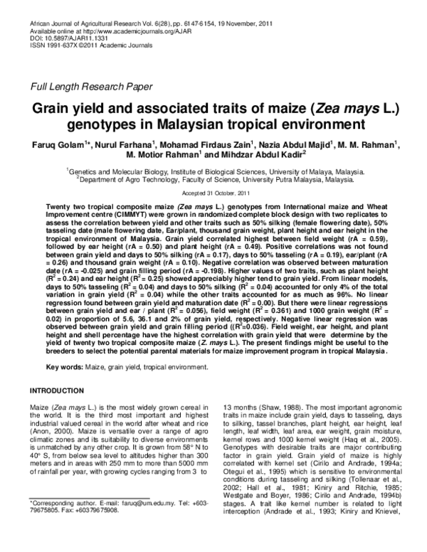 (PDF) Grain yield and associated traits of maize (Zea mays L ...
