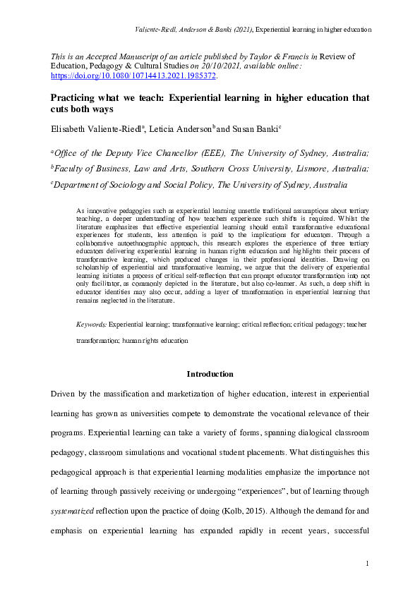 (PDF) Practicing what we teach: Experiential learning in higher ...