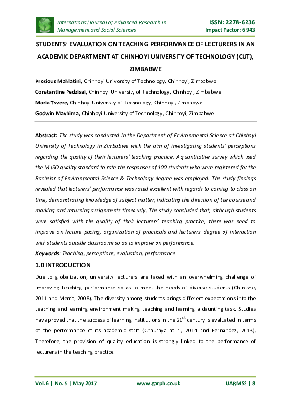 (PDF) STUDENTS' EVALUATION ON TEACHING PERFORMANCE OF LECTURERS IN AN ...