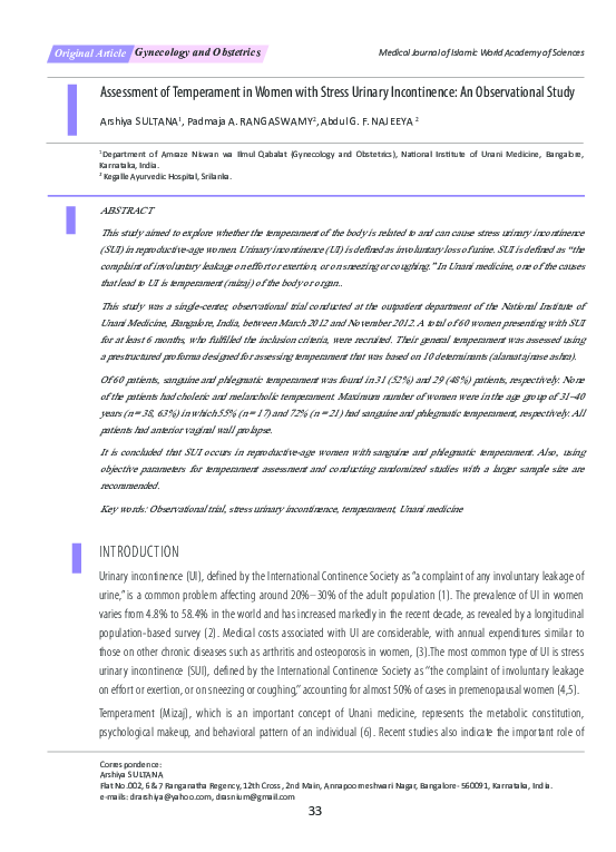 (PDF) Assessment of Temperament in Women with Stress Urinary ...