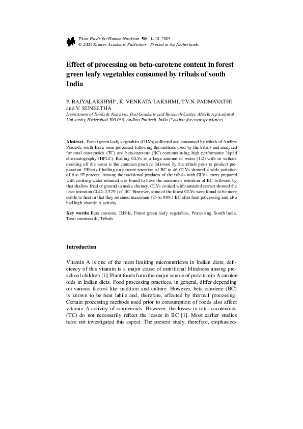 (PDF) Effect of processing on betacarotene content in forest green