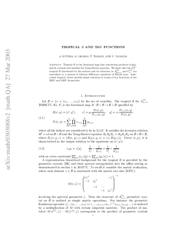 (PDF) Tropical R and Tau Functions