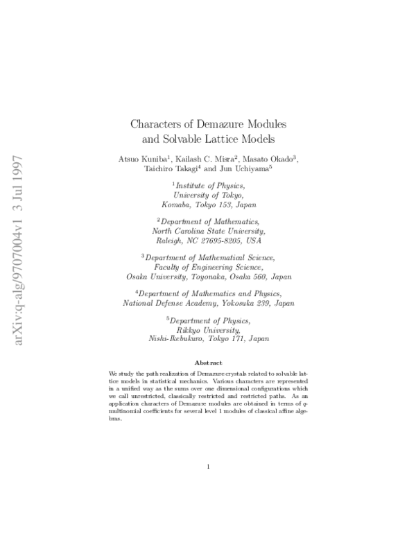 (PDF) Characters of Demazure modules and solvable lattice models