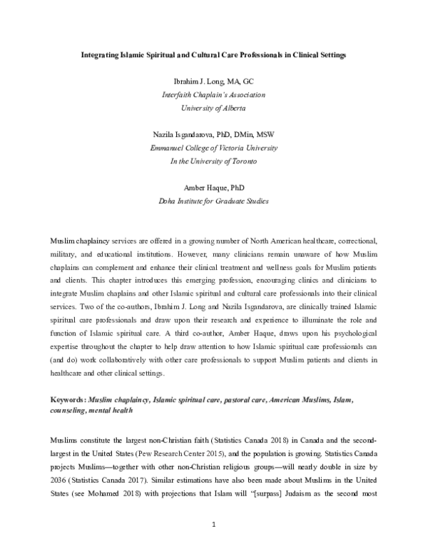 (DOC) Integrating Islamic Spiritual and Cultural Care Professionals in ...