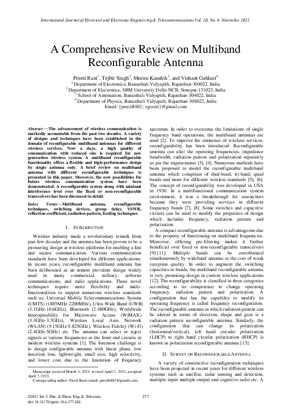 (PDF) A Comprehensive Review on Multiband Reconfigurable Antenna