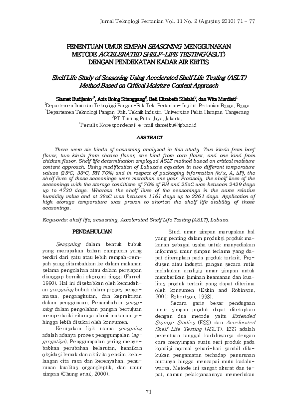 (PDF) Shelf Life Study of Seasoning Using Accelerated Shelf Life