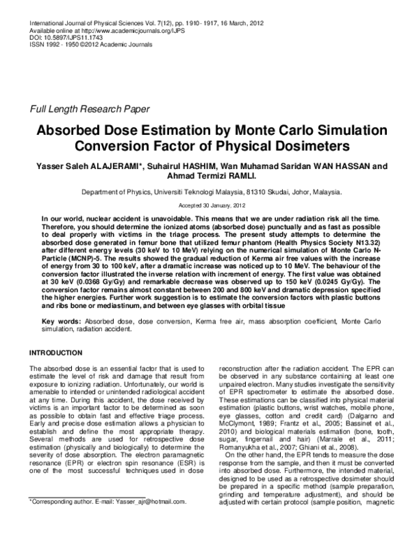 (PDF) Absorbed Dose Estimation by Monte Carlo Simulation Conversion ...