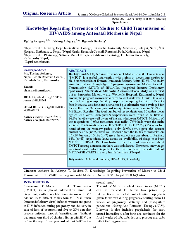 (PDF) Knowledge Regarding Prevention of Mother to Child Transmission of ...