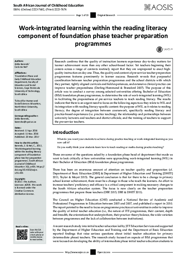 (PDF) Work-integrated learning within the reading literacy component of ...