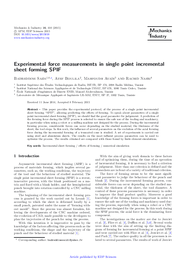 (PDF) Experimental force measurements in single point incremental sheet ...