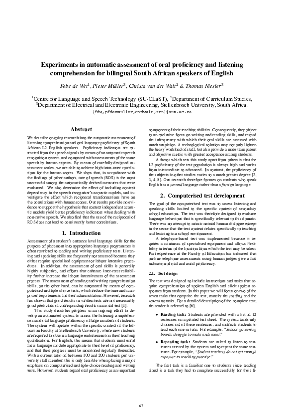 (PDF) Experiments in automatic assessment of oral proficiency and ...