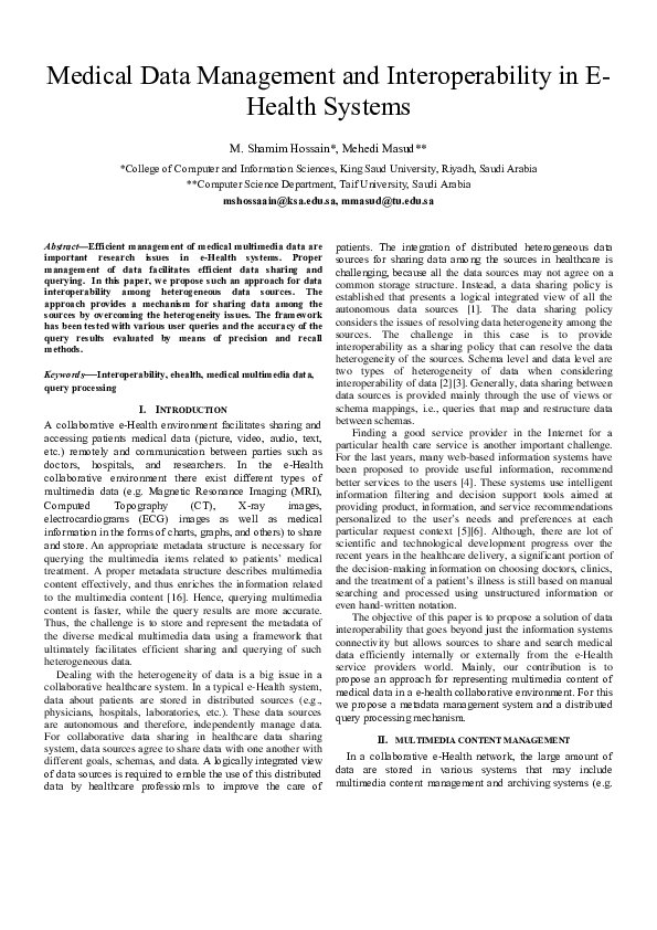 (PDF) Medical data management and interoperability in e-Health systems