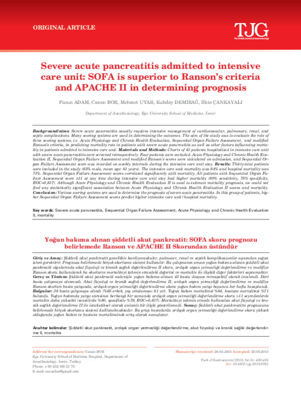 (PDF) Severe acute pancreatitis admitted to intensive care unit SOFA