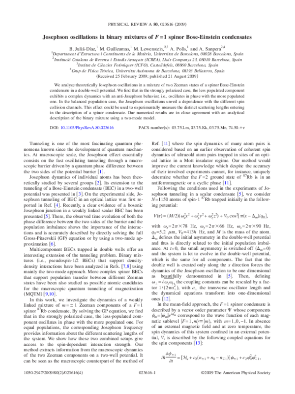 (PDF) Josephson oscillations in binary mixtures of F=1 spinor Bose ...