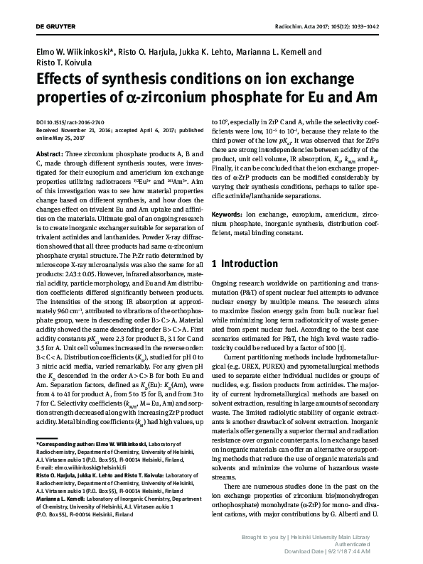 (PDF) Effects of synthesis conditions on ion exchange properties of α ...
