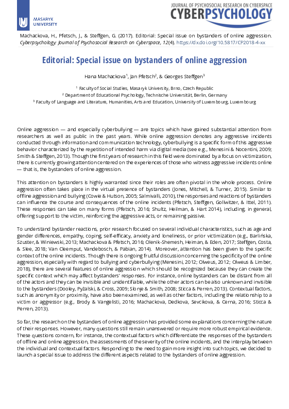 (PDF) Editorial: Special issue on bystanders of online aggression