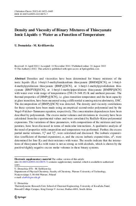 (PDF) Density and Viscosity of Binary Mixtures of Thiocyanate Ionic ...