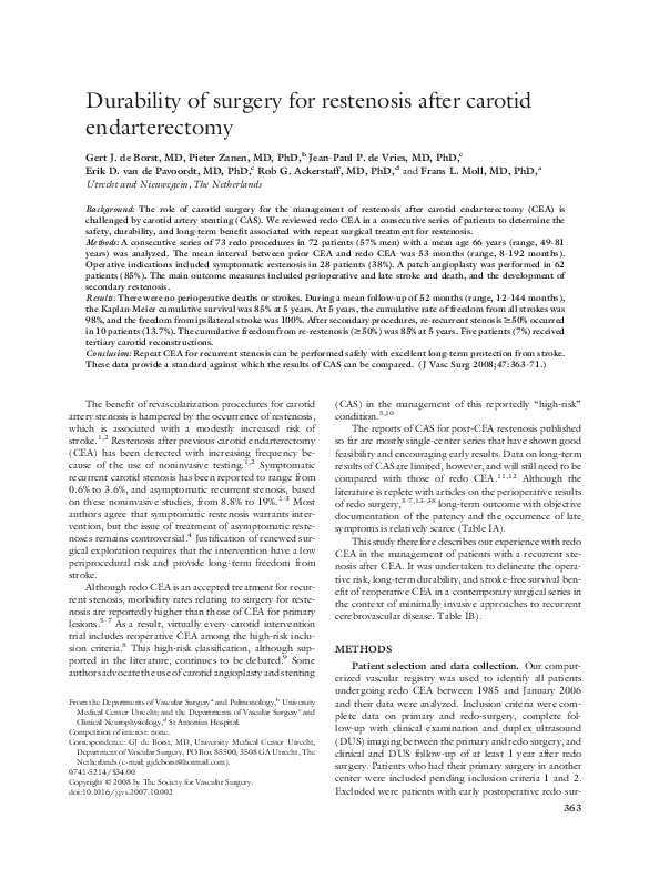 (PDF) Durability of surgery for restenosis after carotid endarterectomy