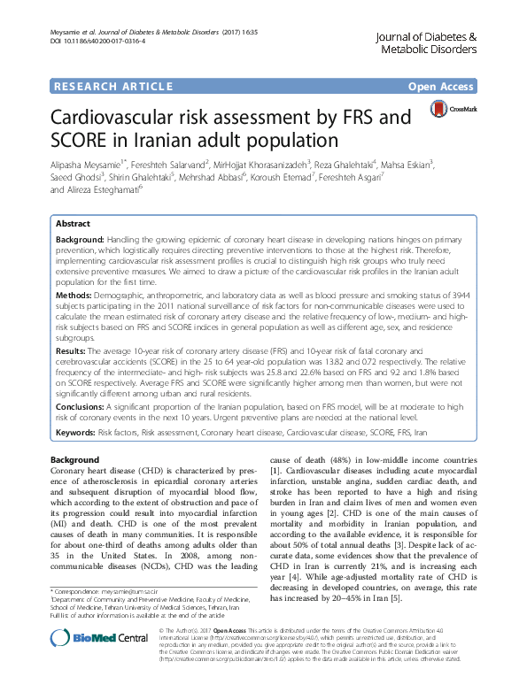 (PDF) Cardiovascular risk assessment by FRS and SCORE in Iranian adult ...