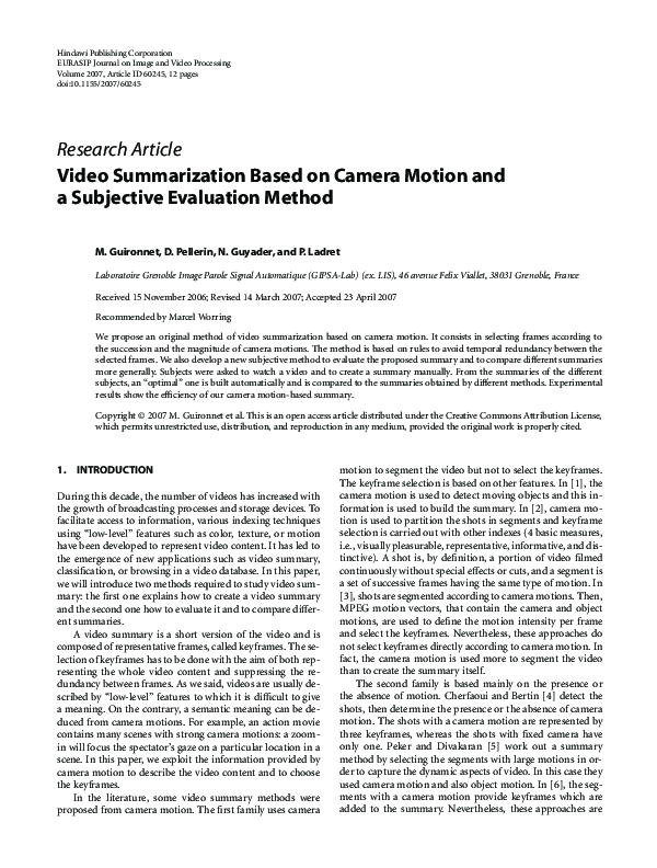 (PDF) Video Summarization Based on Camera Motion and a Subjective ...