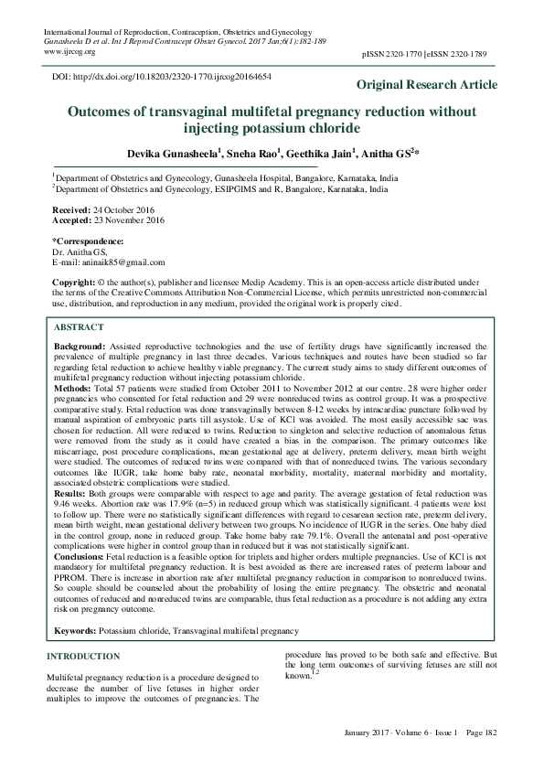 (PDF) of transvaginal multifetal pregnancy reduction without
