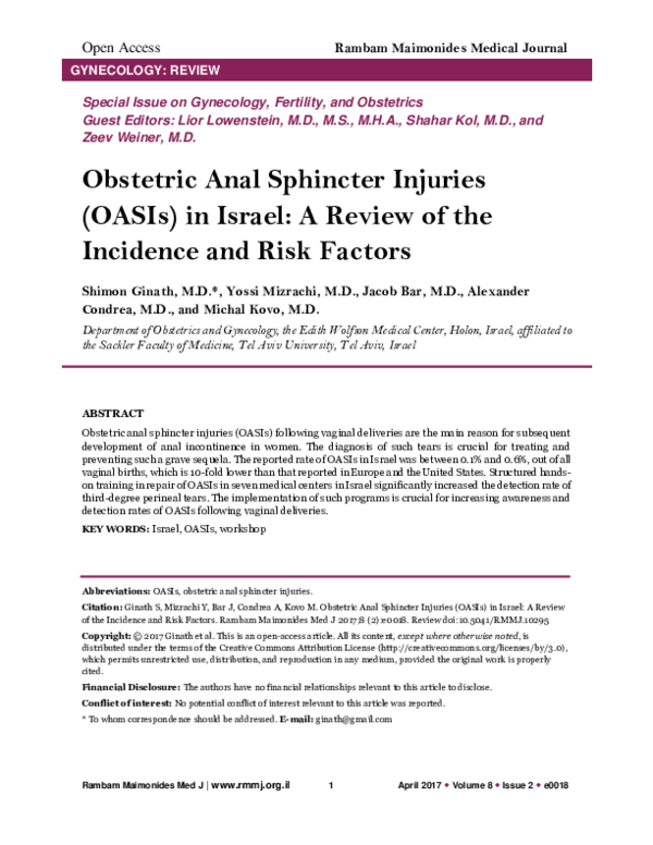 (PDF) Obstetric Anal Sphincter Injuries (OASIs) in Israel: A Review of ...