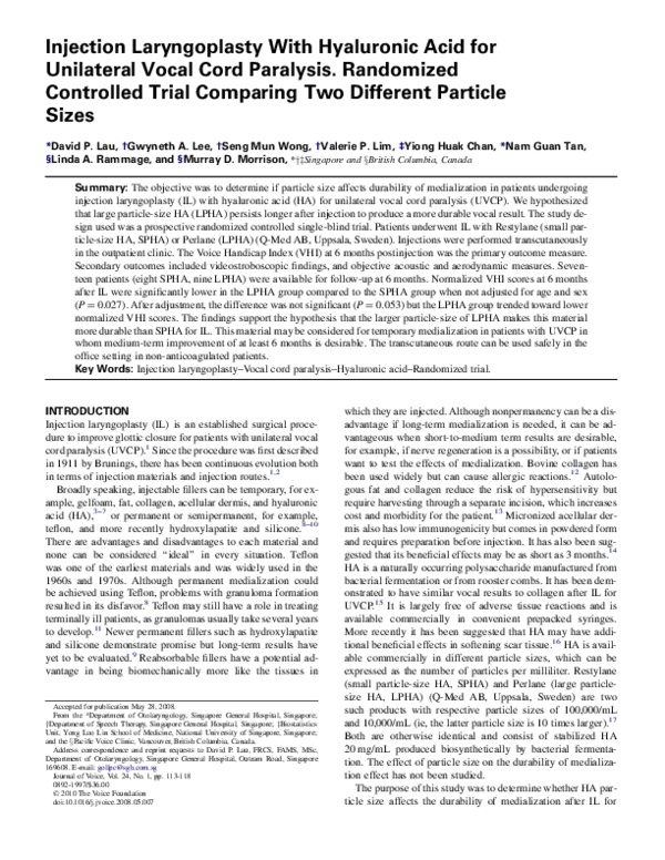 (PDF) Injection Laryngoplasty With Hyaluronic Acid for Unilateral Vocal