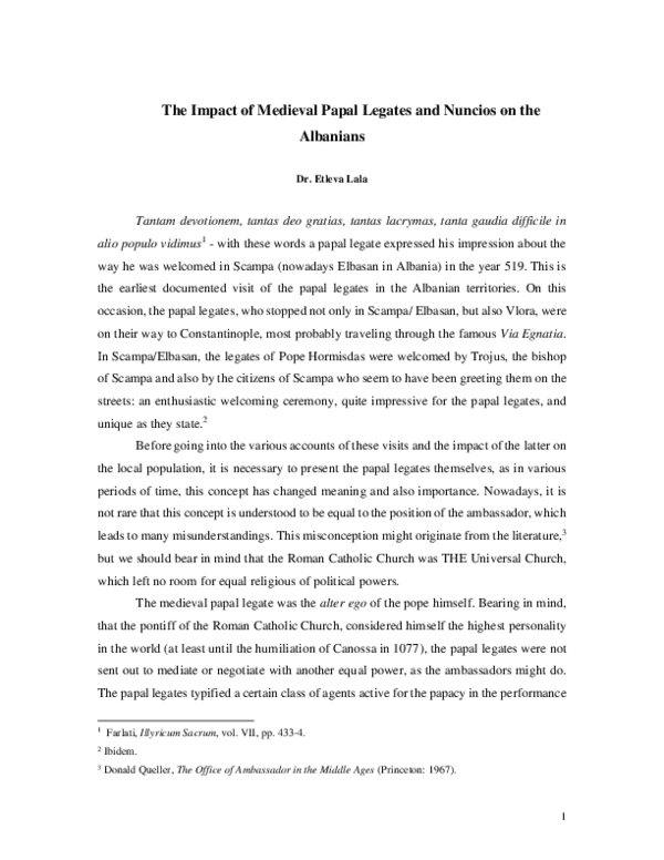 The Impact of Medieval Papal Legates and Nuncios on the Albanians