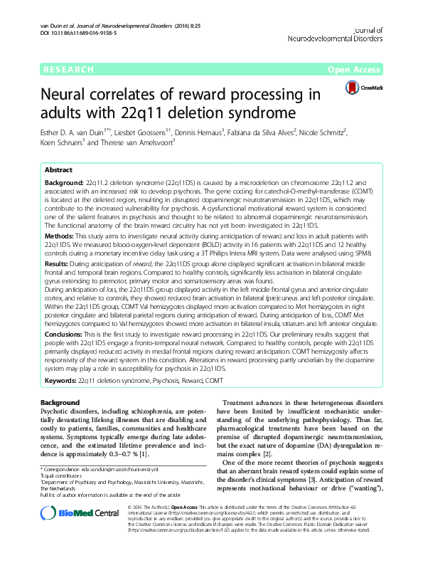 (PDF) Neural correlates of reward processing in adults with 22q11 ...