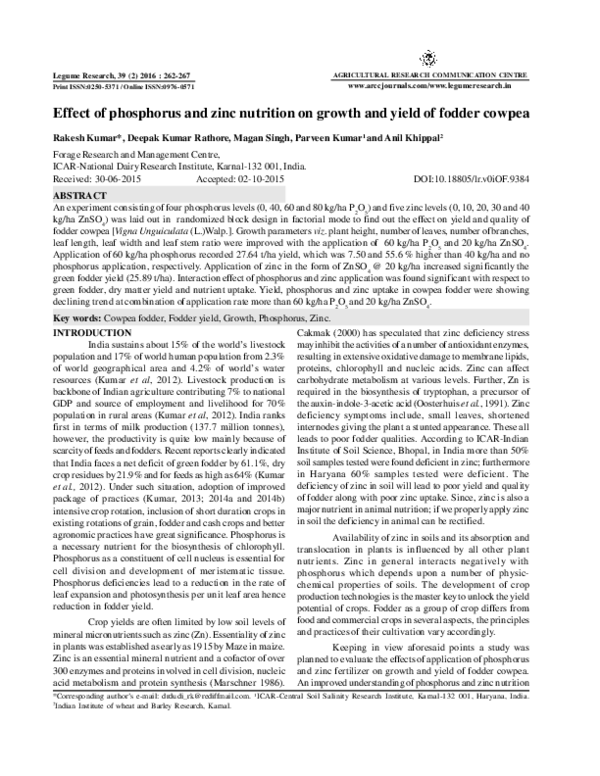 (PDF) Effect of phosphorus and zinc nutrition on growth and yield of ...